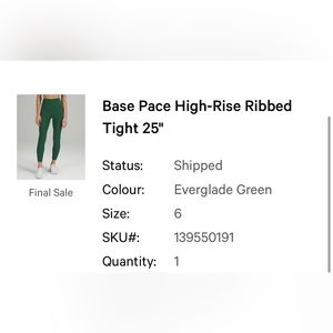 Lululemon base pace ribbed green leggings. Size 6- worn once. Rare color combo!